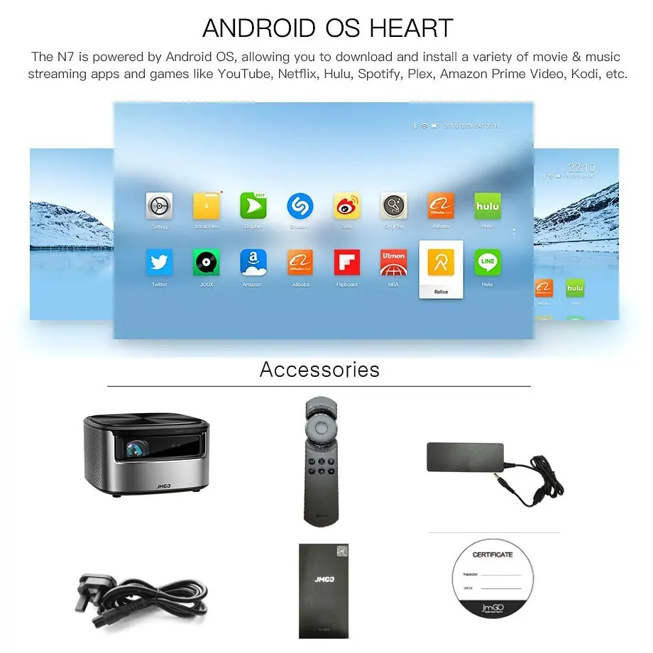 JMGO N7 Full HD Projector,1300 ANSI Lumens, 1920*1080P, 2G+16G, Home Theater WIFI Bluetooth HDMI USB Support 4K Smart Beamer JMGO N7 Full HD Projector,1300 ANSI Lumens, 1920*1080P, 2G+16G, Home Theater WIFI Bluetooth HDMI USB Support 4K Smart Beamer