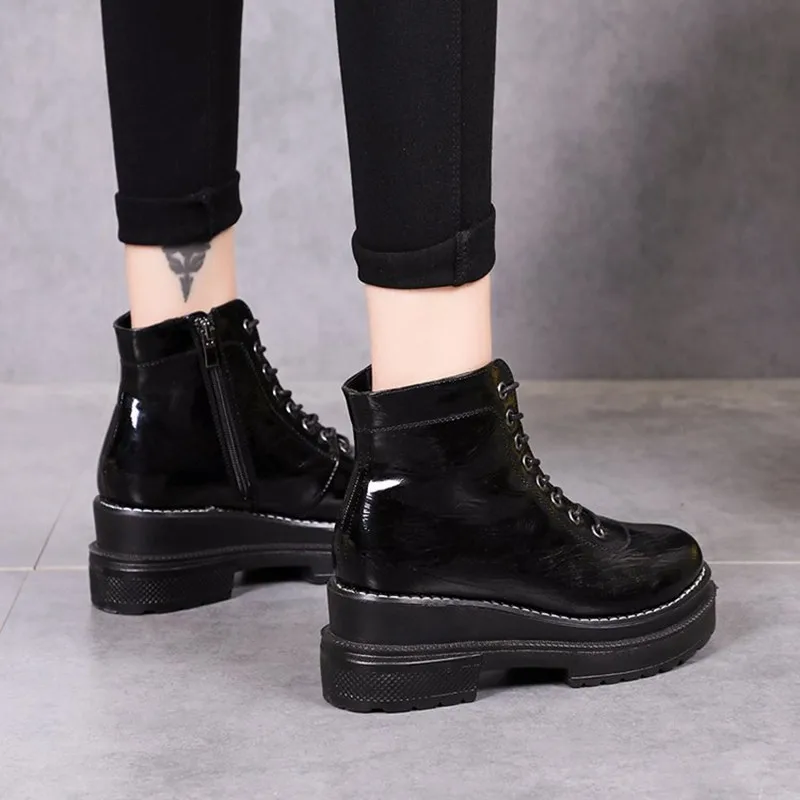 COOTELILI Plus Size Black Ankle Boots Women 6cm High Heels Leather Shoes Woman Winter Autumn  Flat Platform Boots Women 35-40 (2)