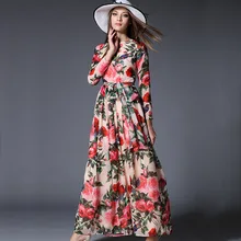 Verano, especialmente las mujeres vestidos de manga larga estampado de flores ajustadas de gasa Maxi vestidos de manga larga ingresos fajas corriendo Swing vestido