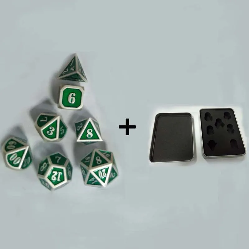 Silver Green withBox 7 шт./компл. из цинкового кубики из сплава Geometry Dice D4-D20 Multi-sided Multi-color золотистая панель игра с коробкой - Цвет: Silver Green withBox