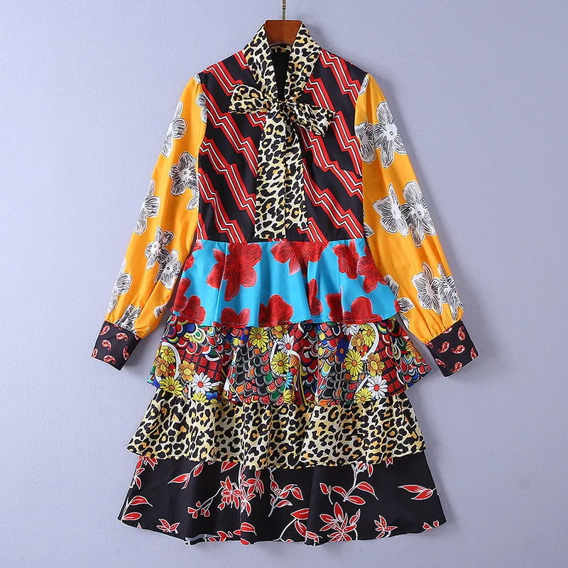 

New Luxury Printed Florals Dress For Women Pleated Ruffles Mid Long Bohemian Lady Dresses High Street Female Leopard Bow Collar