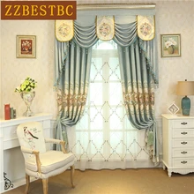High quality blue European embroidered curtains for living room with luxurious tulle for bedroom customizable short curtains
