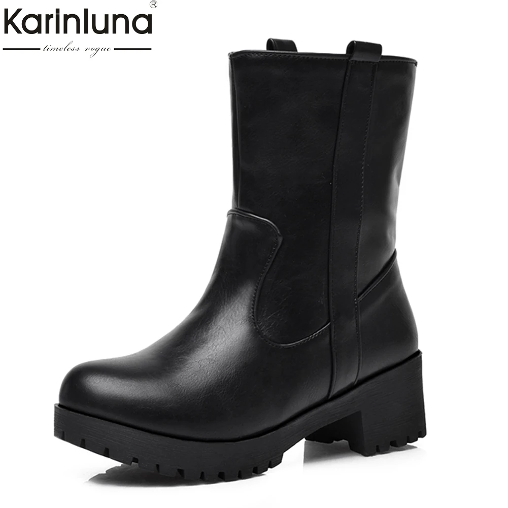 

KARINLUNA Large Size 34-43 Vintage western Boots Square Heels Winter Shoes Women warm Add Fur Fashion Slip On Riding Boots Woman