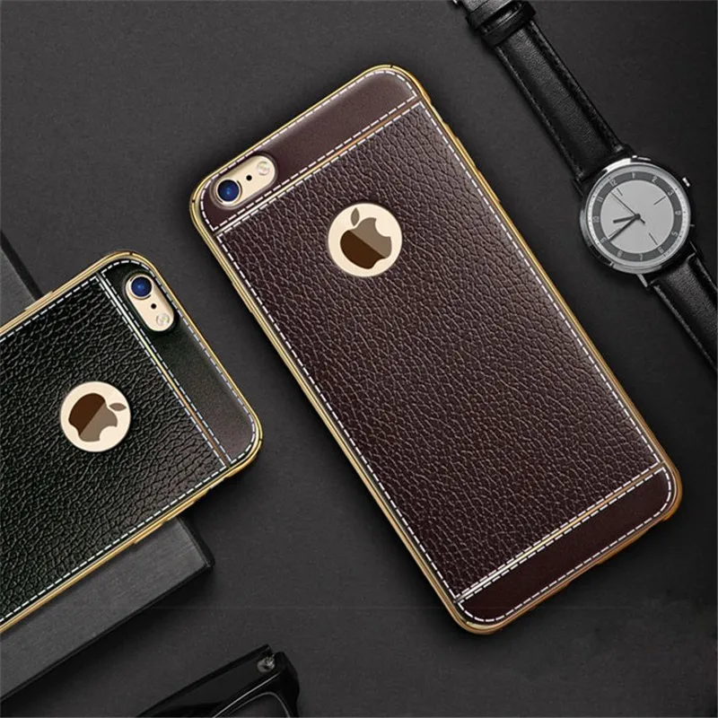 

Plating Frame Protection Case For iPhone X 6 6s 7 Plus 5 5S SE Case Soft Rubber Leather Pattern Cover For iPhone 7 Case Coque