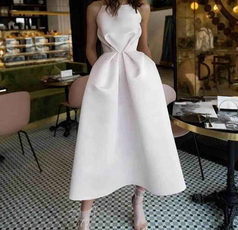 

New Sexy Party White Dress Swing Pleated Waist Sleeveless Spaghetti Strap Fashion Evening Celebrated Dress 2019 Robe EN-004