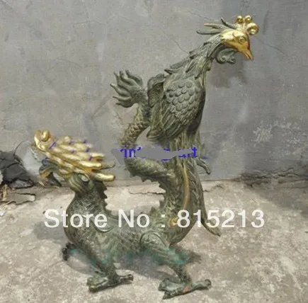 

bi00456 12inches Chinese Pure Bronze Gild Dragon Phoenix statue