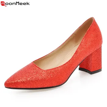 

MoonMeek 2020 sexy ladies pumps high heels slip on square heel pointed toe slip on red black color party wedding shoes