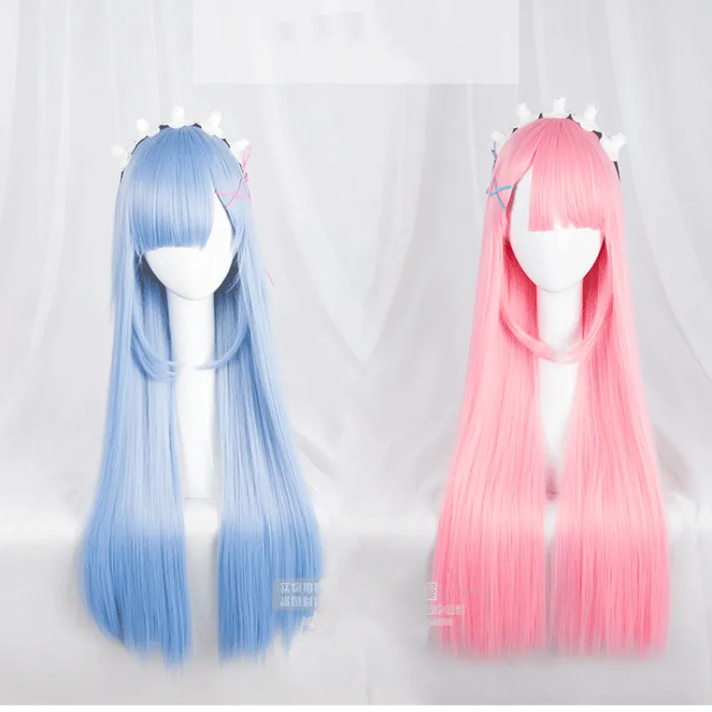 

80cm Cosplay Wig Ram Rem Pink Blue Long Wig Re:Life in a Different World from Zero Straight Synthetic Hair for Adult