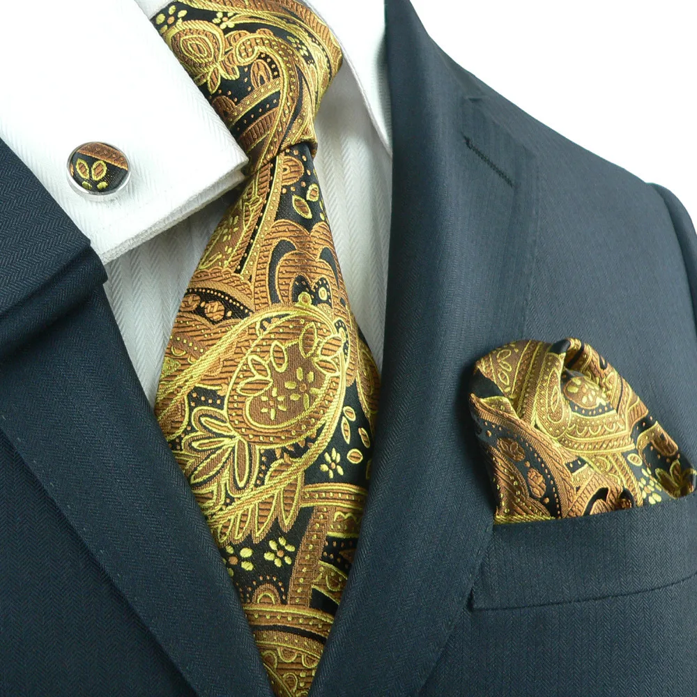 Landisun Fashion 651 Gold Black Paisley Mens 100% Silk Neck Tie Set ...