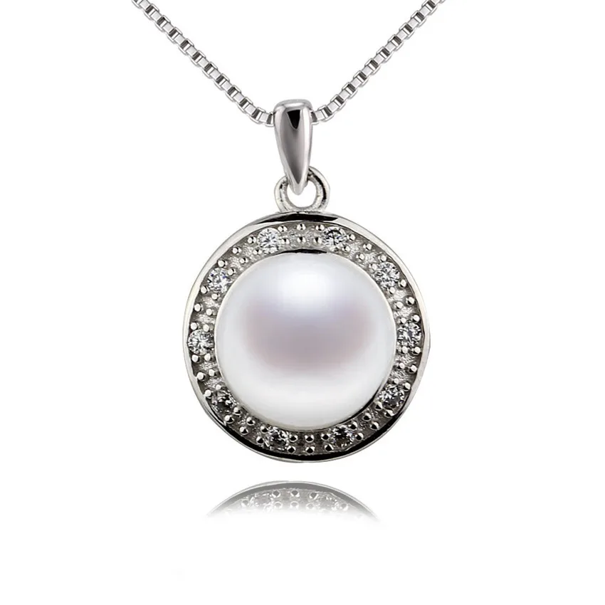 

SNH 100% 925 sterling silver necklace pendant 9.5-10mm AAA natural white button mother pearl pendant jewelry