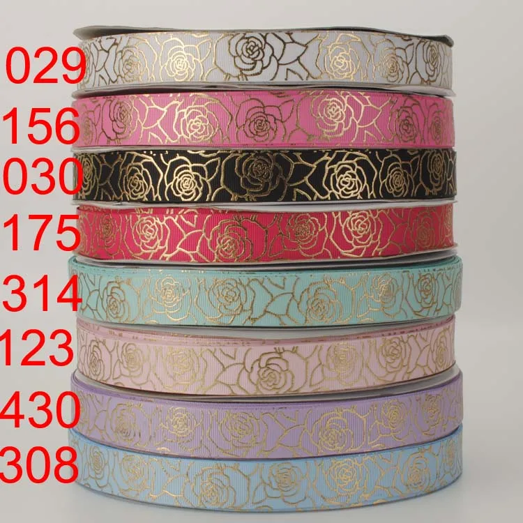 free shipping 10yards 7/8 &quot 22 mm gold foil rose pattern ribbon printed grosgrain | Дом и сад