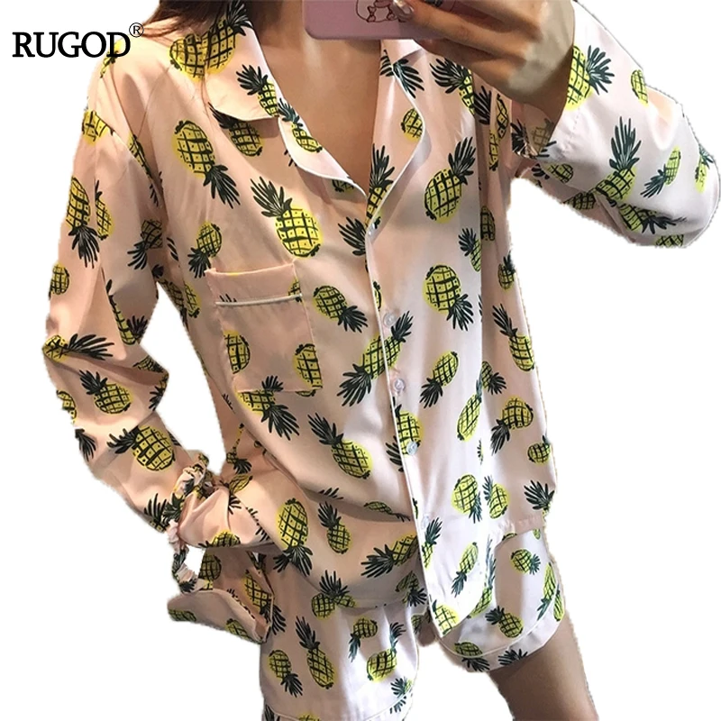 RUGOD Новинка 2018 года Лолита ананас печати Pajamajas для женщин осень повседневное куртка с длинными рукавами + короткий комплект милый мультфильм