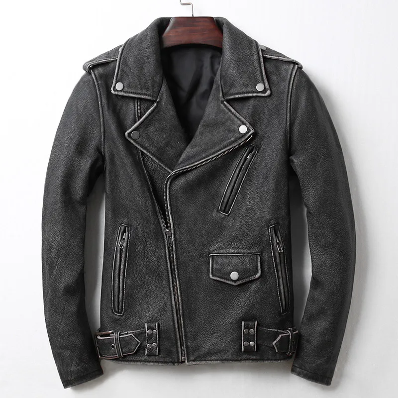 2018 new arrivals men's vintage slim fit motorcycle leather jacket with