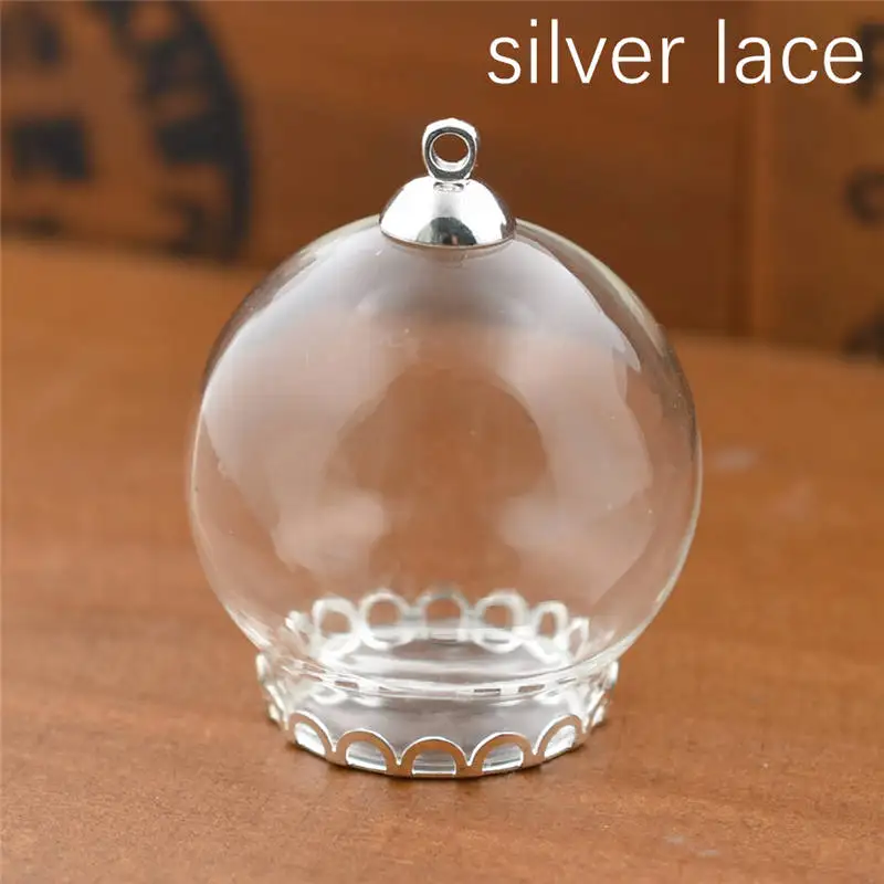 10set 30*20mm hollow glass globe with setting base beads cap set orb glass vials pendant glass bottle jewelry pendant - Окраска металла: silver lace