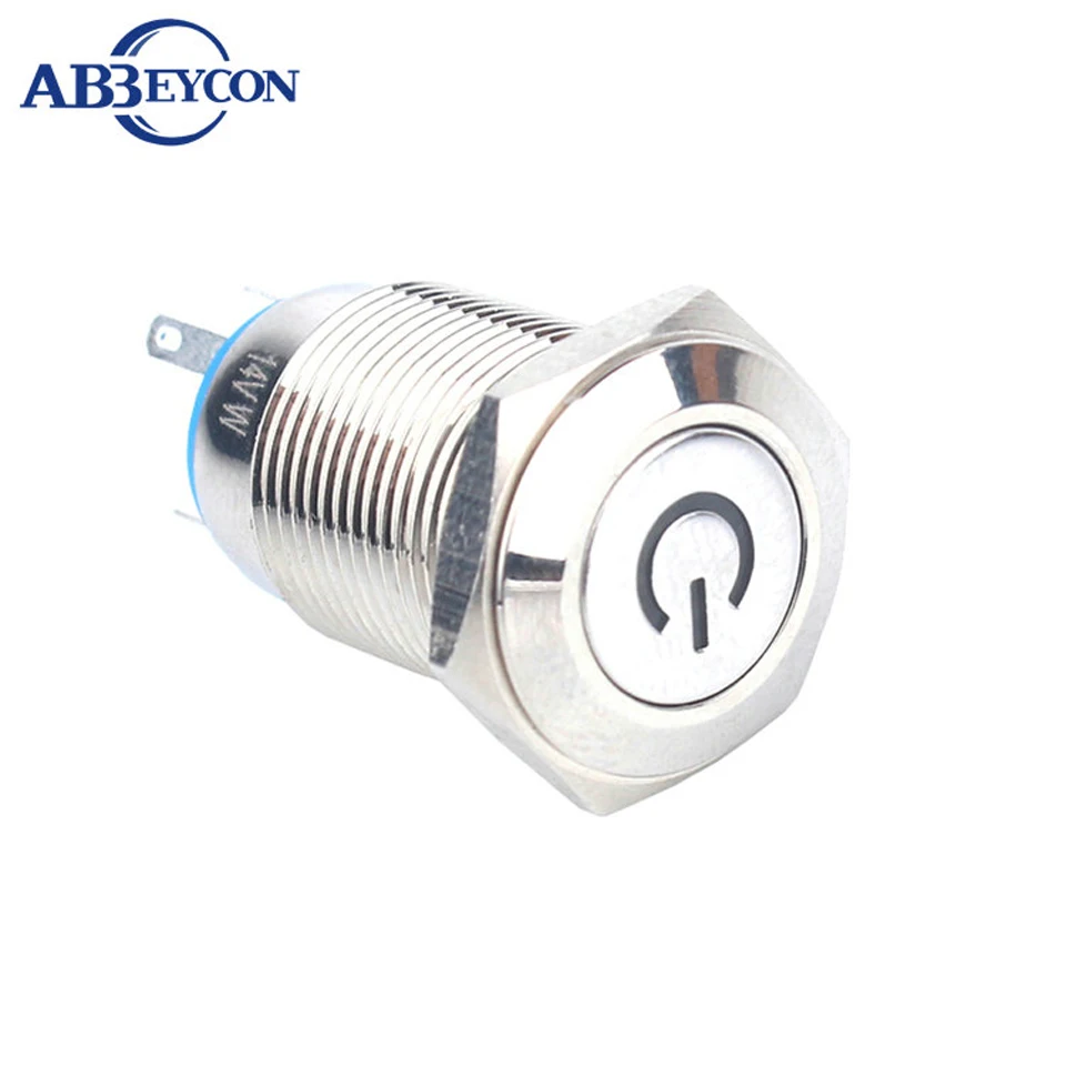 16mm Latching Power Logo Led Illuminated Push Button Switch 12V Blue Flat Round Head Led On-Off Switch Pin Terminal Metal Shell