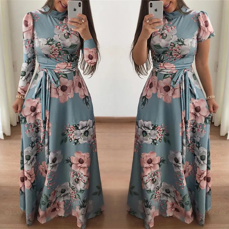 

Hot Sale Women Dresses Summer Casual Long Boho Floral Print Maxi Beach Dress Elegant Turtleneck Bandage Dresses Vestido