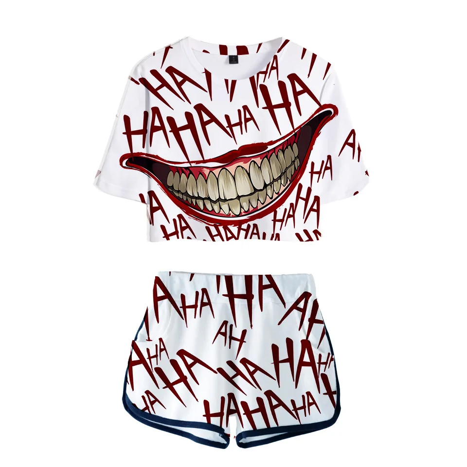 HAHA Joker/комплект из двух предметов, летняя хлопковая Футболка с принтом костюм на Хэллоуин с сумасшедшей улыбкой, шорты укороченный топ, модные топы и шорты, штаны