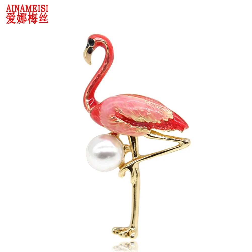 

AINAMEISI New Red Enamel Bird Brooches Women Men's Metal Animal Brooch Pearl Pins Banquet Broches Fashion Dress Coat Accessories