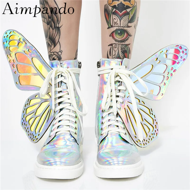 

Individual Colorful Wing Stage Shoes Woman Round Toe Cross-tied Ankle Boots Side Zip Butterfly-wing Short Boots Women