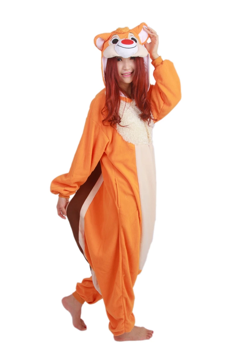 Adult Men Women Orange Squirrel Pajamas Autumn and Winter Onesie Fleece Sle...
