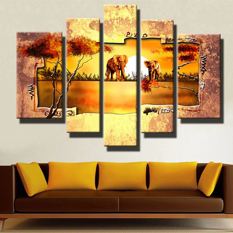 

Handpainted Abstract Africa Landscape Oil Paintings on Canvas Large 5 Panel Elephant Trees Painting Home Decor Wall Art Pictures