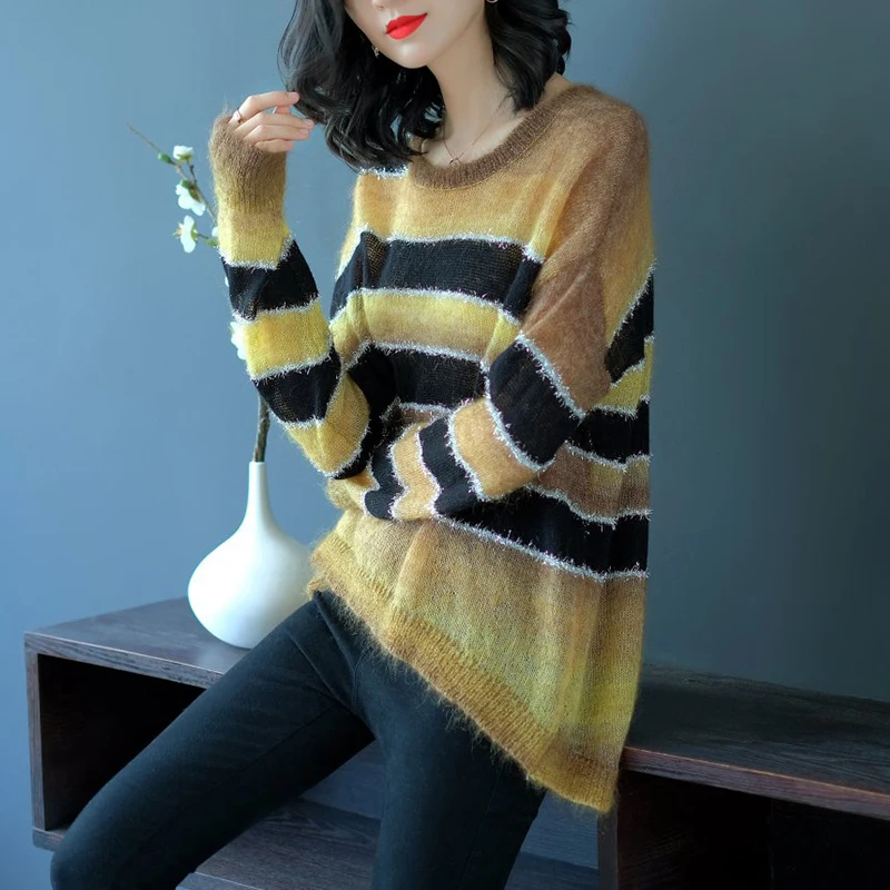 YISU осень кашемир свитеры для женщин для мода г. полосатый свитер свободные мохер шерсть смешанные свитер более размеры пуловер