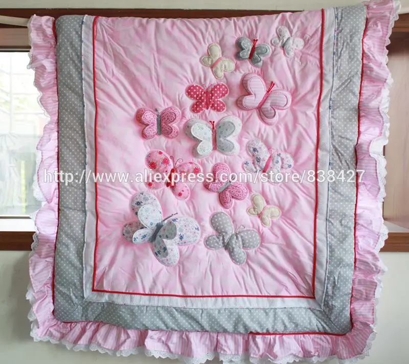 Вышитые 3D розовые бабочки кружева Ups бесплатно 7 шт. детская кроватка постельных принадлежностей одеяло Лист Бампер кровать юбка в комплекте - Цвет: 1 quilt only
