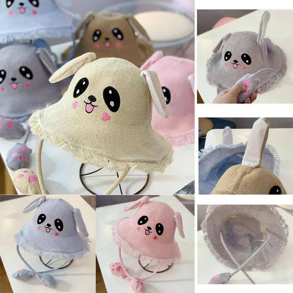 

New Cartoon Fisherman Straw Hat Summer Beach Sun Protection Hat with Moving Rabbit Ears Decoration for Girls