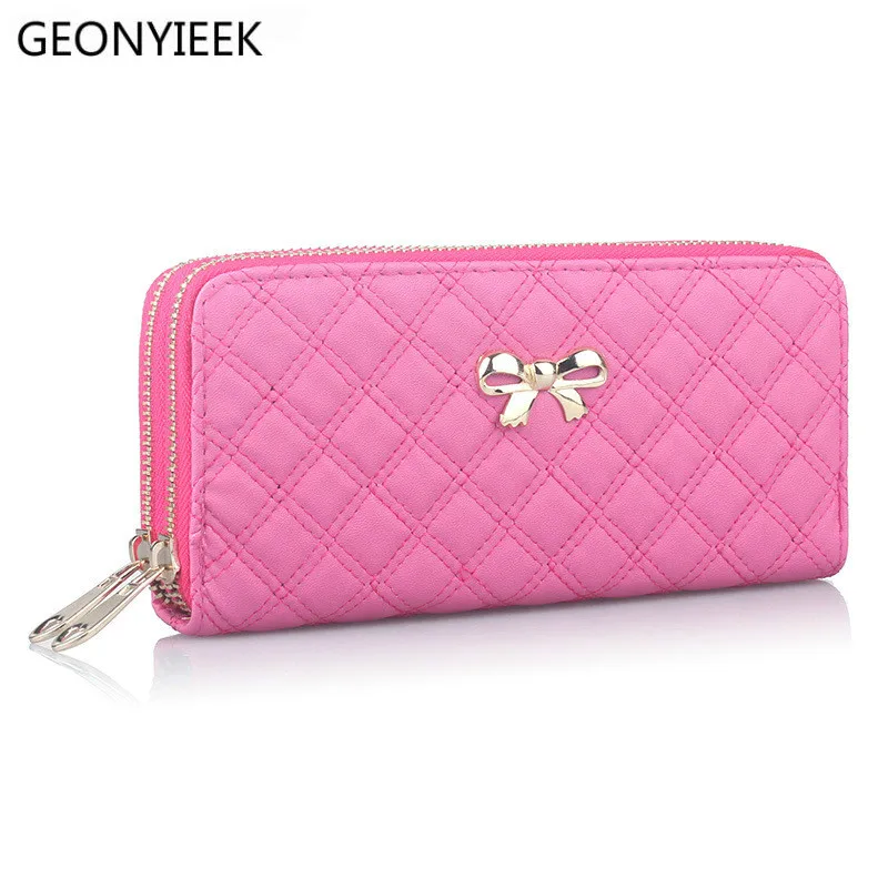 

2018 Fashion Women Bowknot Plaid Long Double Zip Clutch Leather Wallet Purse Coin Card Bag High Quality Free Shipping N526