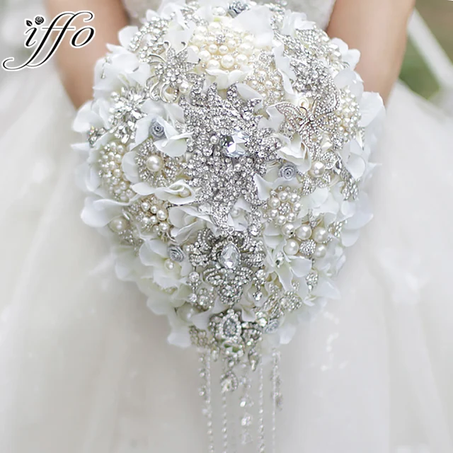 White Hydrangea Drop Brooch Bouquet Silver Wedding Bridal Bouquets White Hydrangea Drop Brooch Bouquet Silver Wedding Bridal Bouquets Crystal Teardrop Style Bride S