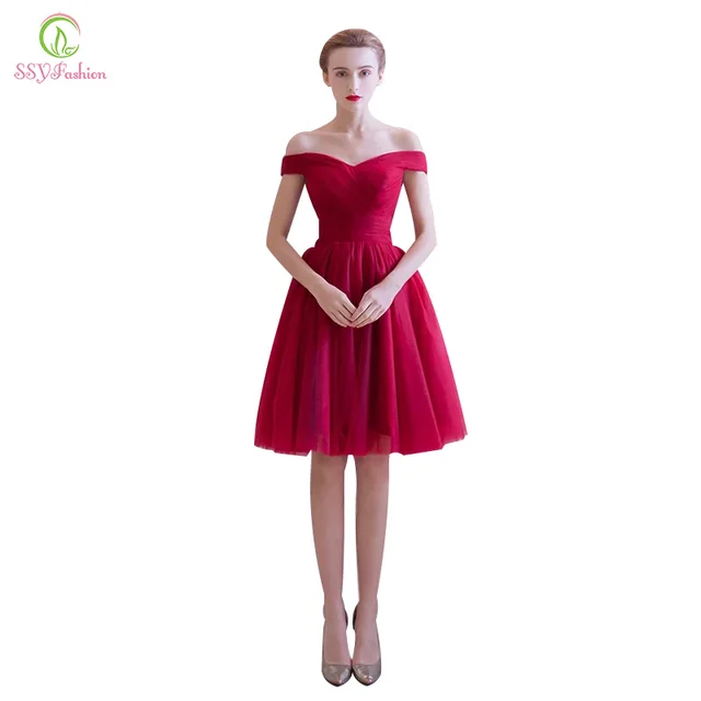Robe De Soiree Ssyfashion Sweetheart Off The Shoulder Short Robe De Soiree Ssyfashion Sweetheart Off The Shoulder Short Bridesmaid Dress Wine Red Elegant