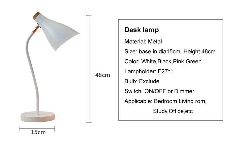 Денолитовая настольная лампа для учебы, белая, черная, зеленая, розовая, вращение на 270 градусов, металлическая настольная лампа с переключателем вкл/выкл или диммер