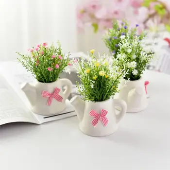 Flores artificiales Gypsophila Paniculat + jarrón de cerámica flores falsas Mini Bonsai suministros de boda decoración de jardín decoración de granja