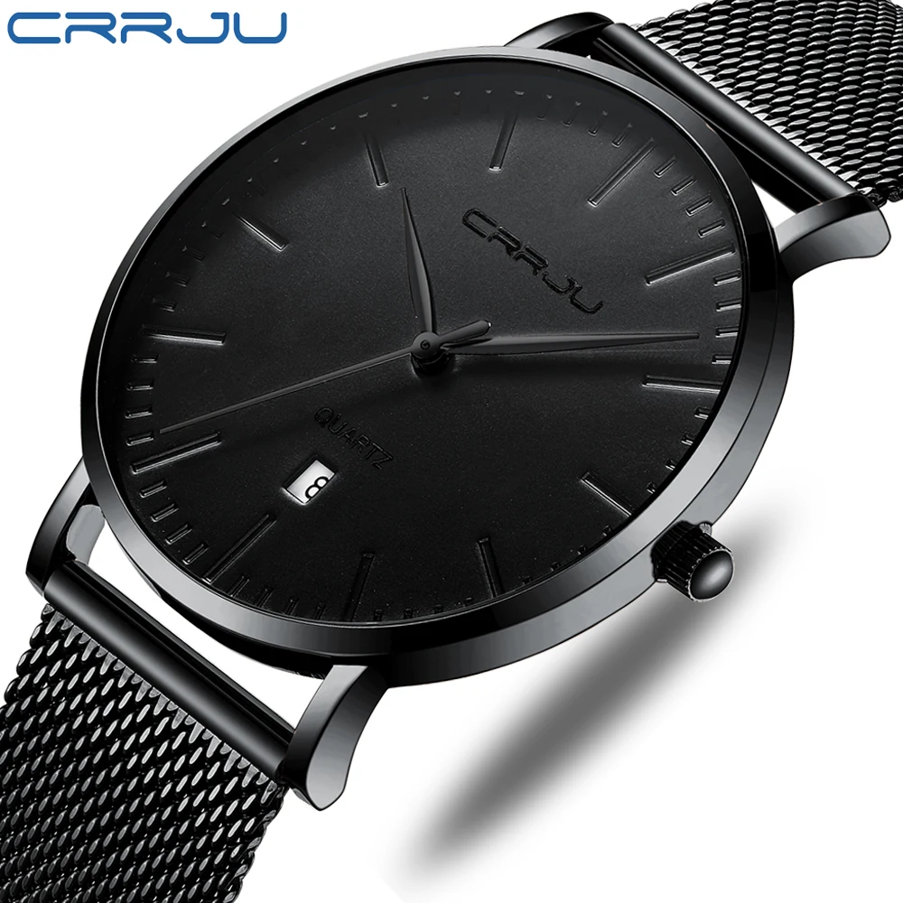 CRRJU Simple Ultra thin Quartz Watch Stainless Steel Mesh Strap Men's Watches Fashion Waterproof Clock Men Casual Wristwatches
