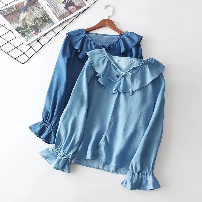 

Solid denim bow sweet long sleeve shirt blouse