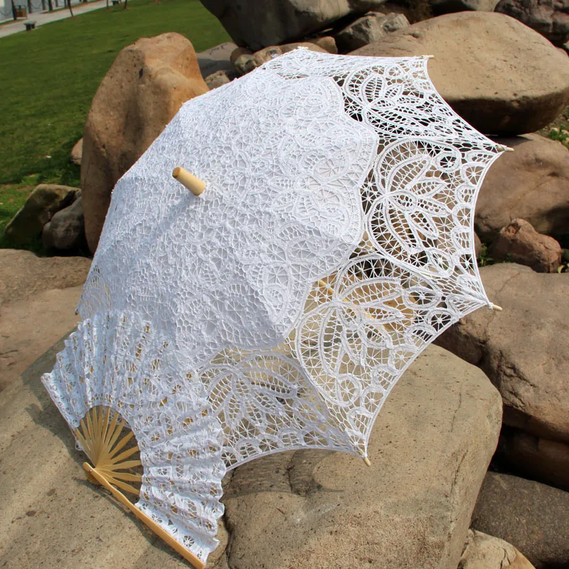 Theatre Performances Princess Dancing Cotton Lace Parasol and Fan Beach Wedding Party Decorated Flower Umbrella