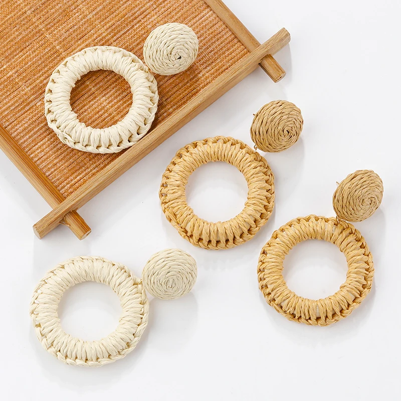 

AENSOA Simple Raffia Round Drop Dangle Earrings For Women Korea Handmade Rattan Straw Braid Earrings Party Jewelry Accessories