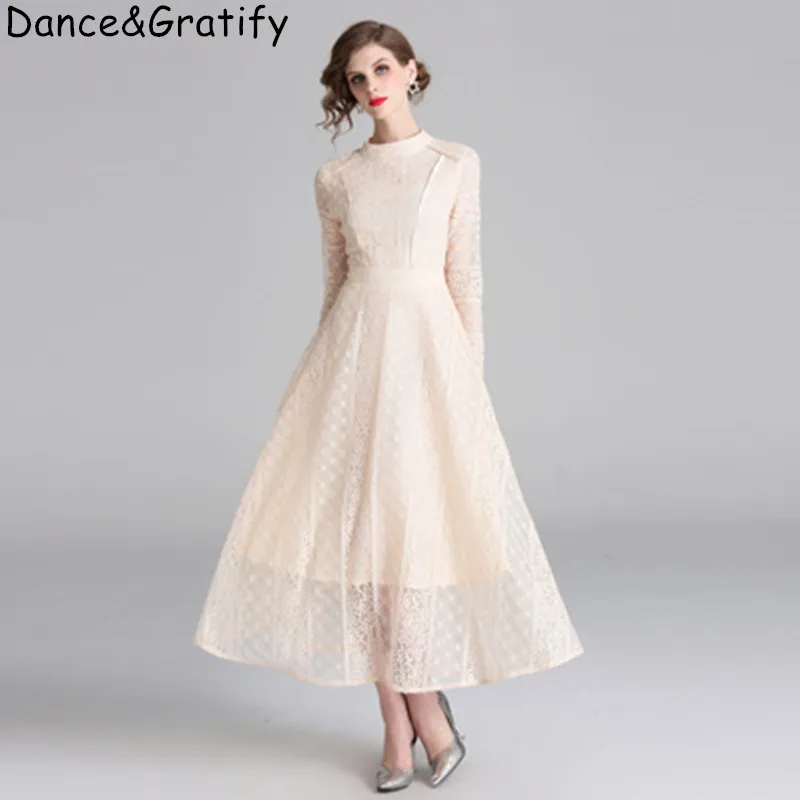 

Lace Long Sleeve Slim Tunic Draped Maxi Dress Women Elegant Vintage Office Party Fashion Beach Holiday Dress Lady Clothing