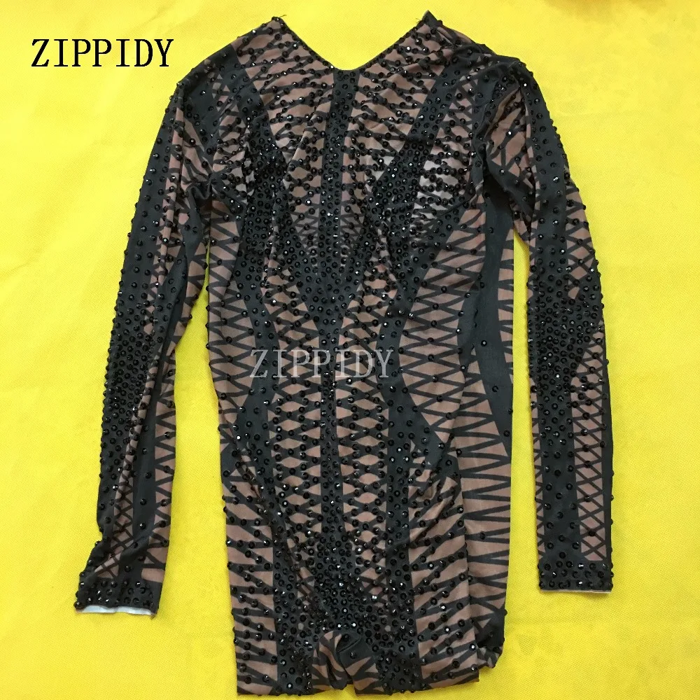 Fashion Skinny Black Rhinestones Dark Skin Color Female Singer Dancer Costume One-piece Bodysuit Nightclub Party 