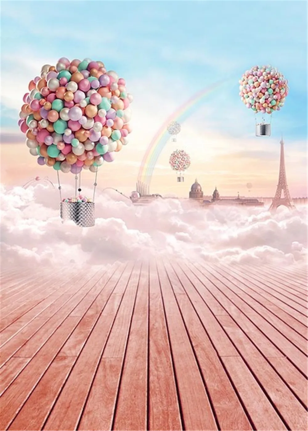 Hot Air Balloons Backdrop for Photography Printed Eiffel Tower Clouds