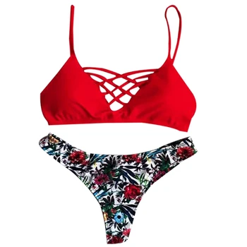 

VSRRWL Women Criss Cross Bandage Push Up Bra Thong G-string Bikini Set Swimwear Swimsuit