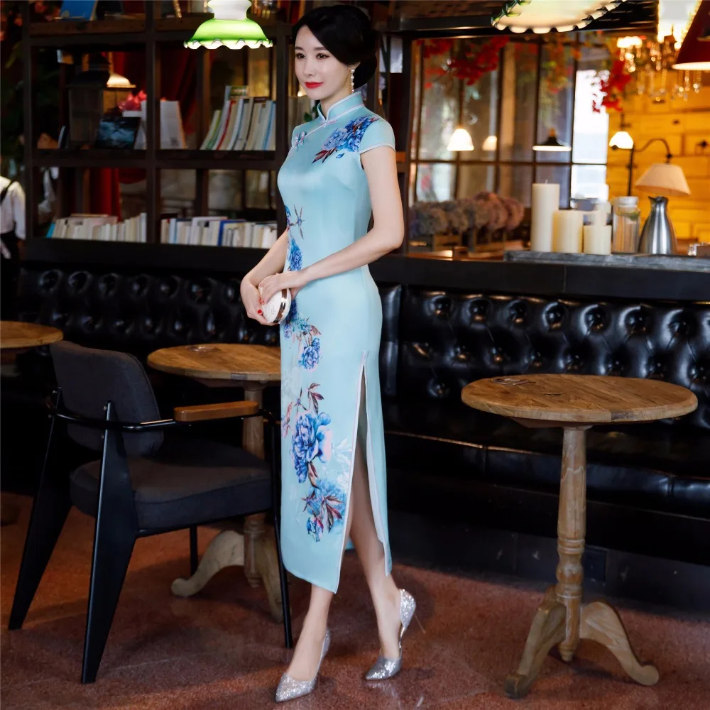New Arrival Sexy Rayon Satin Flower Qipao Novelty Slim Print Feather Flower Short Sleeve Cheongsam Vestidos Size M-4XL