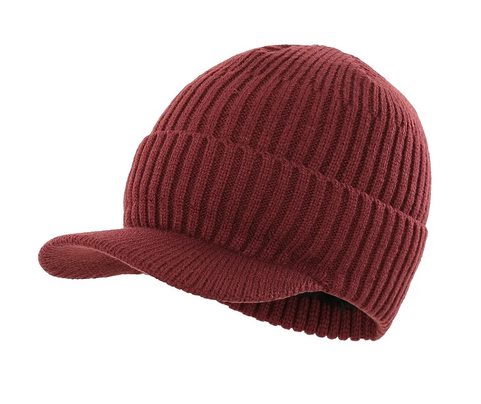 Мужская Уличная шапка с козырьком, теплая зимняя шапка, толстая вязаная шапка с козырьком - Цвет: Wine Red