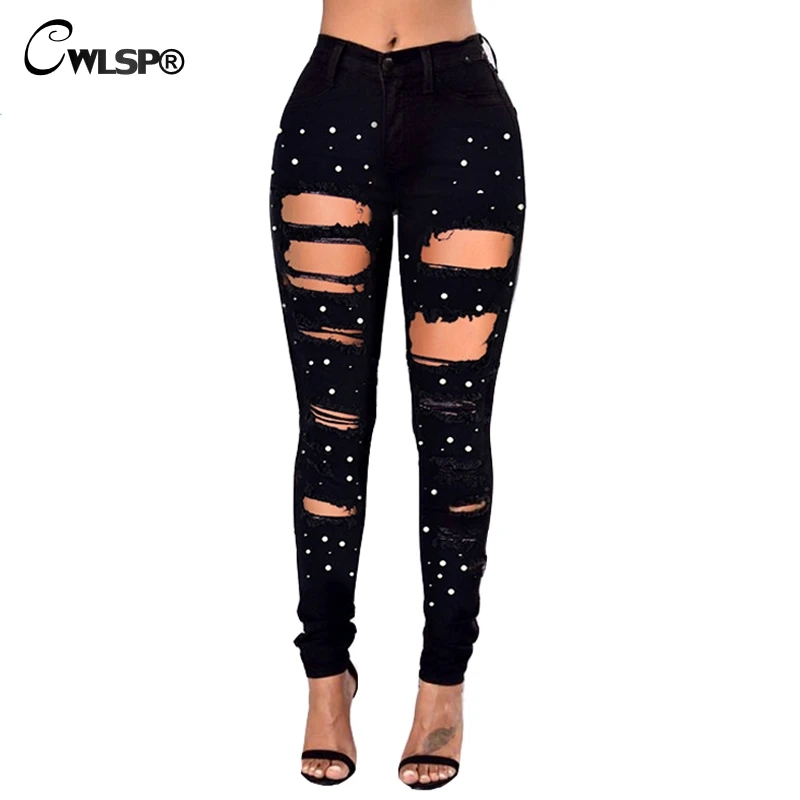 

CWLSP Fashion Pencil Jeans Woman Beading Hole Casual Jeans Streetwear Lady Denim Black Pants With Zippers Trousers QL3566