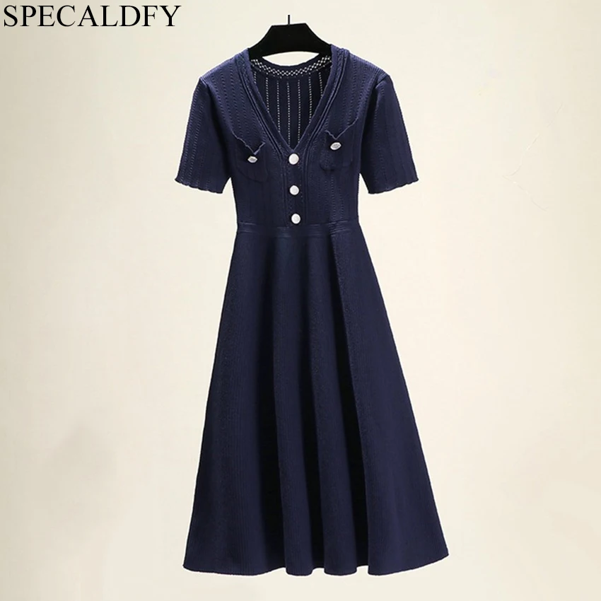 

2019 High Quality Fashion Brand Elegant Dress Women Short Sleeve Knitted Sweater Dress Summer Knit Dresses Tunic Robe Femme