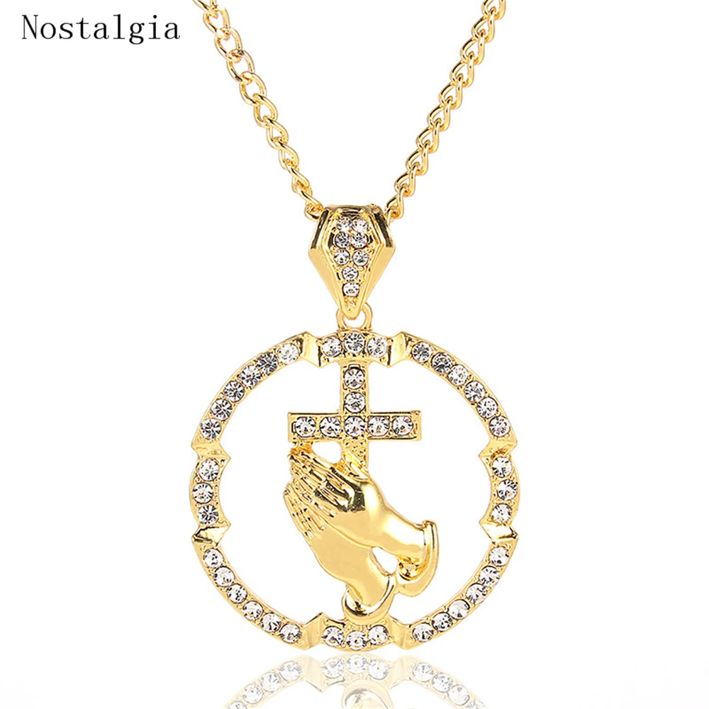 

Free Shipping Hip Hop New Prayer Hands and Cross Pendant Necklace For Men Luxury Iced Out Fly Pray eace Rhinestone Pandent
