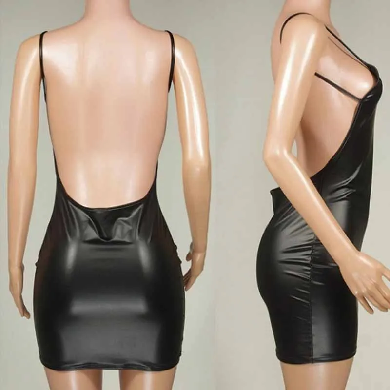 Sexy Backless Black Faux Leather Dress Women Spaghetti Strap Summer Clubwear Outfit Party Short Mini Hip Wrapped Bodycon Dress (8)