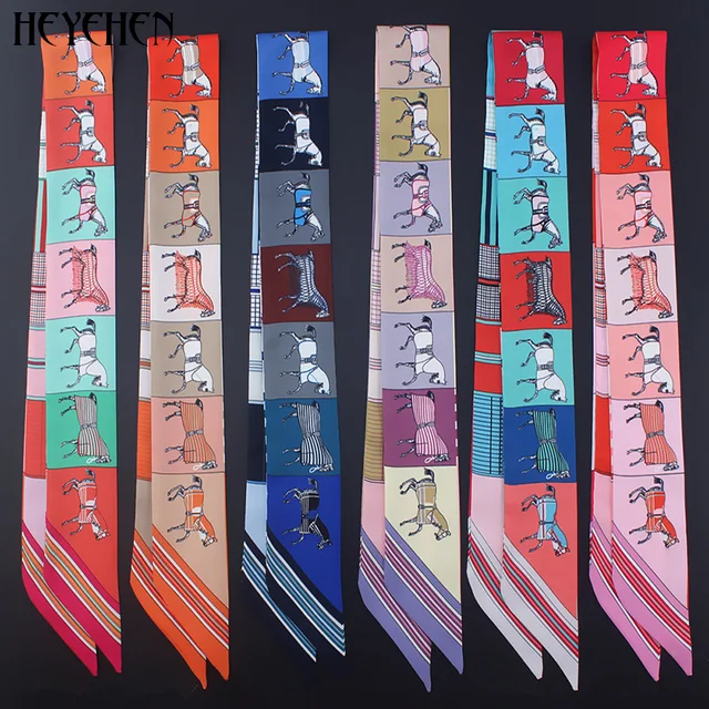 New Design Luxury Brand Horse Print Skinny Small Bag Twill Silk Scarf Women Fashion Ribbon Head Hair Handle Scarf Decoration 1