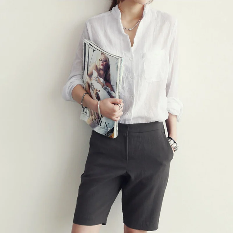 Top Ropa Tops Blusa Mujeres Azul Blanca gris Nuevas De Delgadas Larga Mujer Verano Manga Camisa Oficina blanco Señora Hwq6x1P