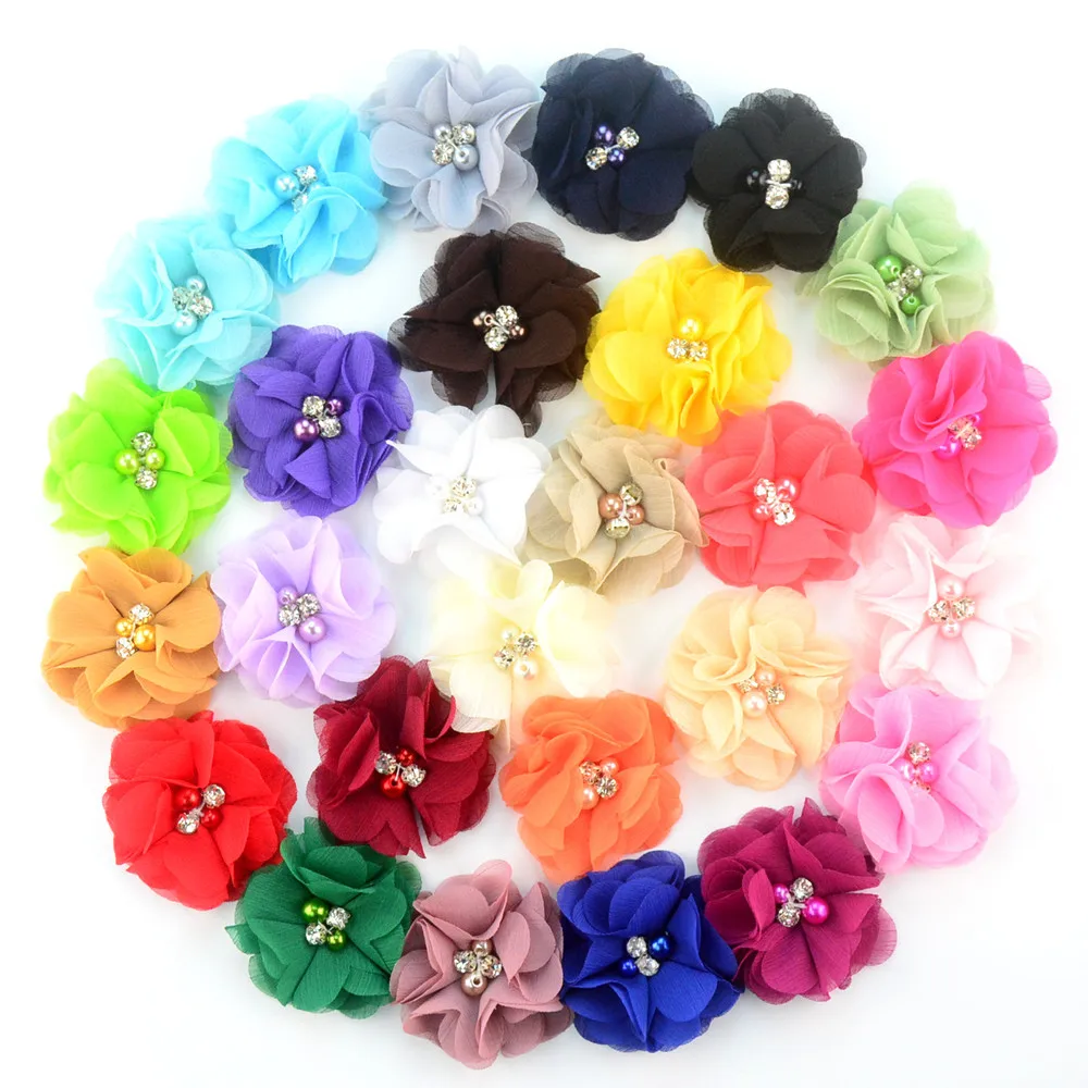 

10PCS Pearl Rhinestone Chiffon flower For Little girls Hair Accessories DIY Flower Bouquet Flowers Decorations No Hair clips